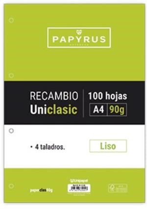 RECAMBIO PAPYRUS UNICLA A4 100 HOJAS 90GR LISO 4 TALADROS | 8413623339457 | Librería Castillón - Comprar libros online Aragón, Barbastro