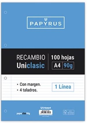 RECAMBIO PAPYRUS UNICLA A4 100 HOJAS 90GR 1 LÍNEA CON MARGEN 4 TALADROS | 8413623339464 | Librería Castillón - Comprar libros online Aragón, Barbastro
