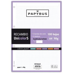 RECAMBIO PAPYRUS A4 UNI 5 COLORES PASTEL 100 HOJAS 90 GR CUADRICULA 5X5MM | 8413623339402 | Librería Castillón - Comprar libros online Aragón, Barbastro