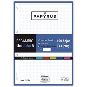 RECAMBIO PAPYRUS A4 UNI 5 COLORES VIVOS 100 HOJAS 90 GR CUADRICULA 5X5MM | 8413623339396 | Librería Castillón - Comprar libros online Aragón, Barbastro