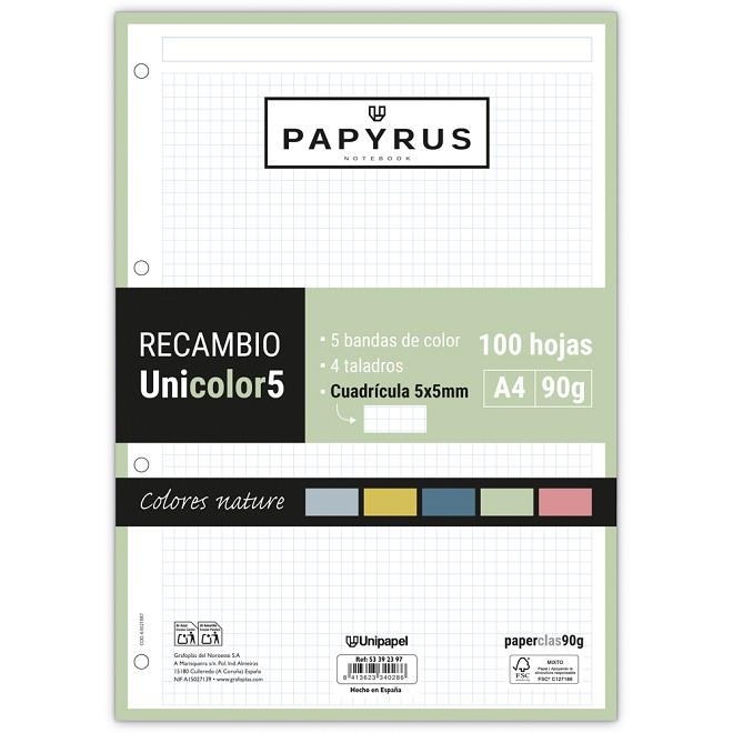 RECAMBIO PAPYRUS A4 UNI 5 COLORES NATURE 100 HOJAS 90 GR CUADRICULA 5X5MM | 8413623340286 | Librería Castillón - Comprar libros online Aragón, Barbastro