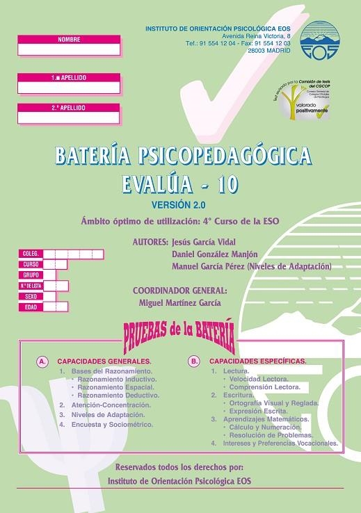 BATERIA PSICOP. EVALUA 10 PRUEBAS(10) | 9788489967137 | Librería Castillón - Comprar libros online Aragón, Barbastro